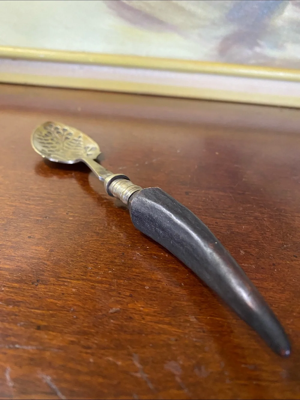 Vintage Brass Jam Spoon, Etched Botanical Design &Horn Handle